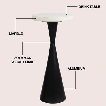 Ziggy 22" Contemporary Designer Metal Drink Table and Decorative End Table with White Marble Round Top and Cone Pedestal Base